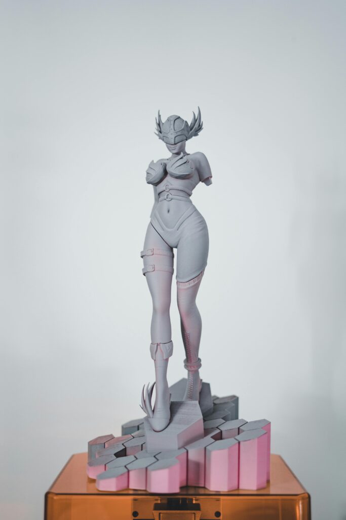 Intricately detailed 3D printed superhero statue showcased in a minimalist style.